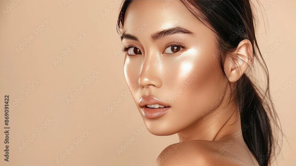 Fototapeta premium Stunning Asian woman with clean, healthy skin on a beige background, emphasizing her natural beauty.