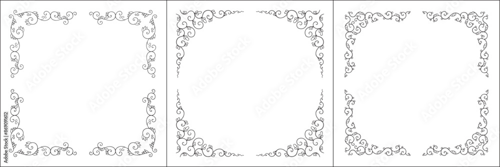 Set of three round vegetal vector frames with leaves. Black and white. Vector frame for all sizes and formats. Isolated vector illustration.
Set of three round vegetal vector frames with leaves. Black and white. Vector frame for all sizes and formats. Isolated vector illustration.
