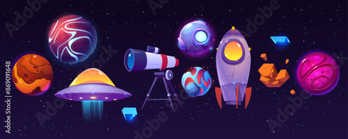 Cartoon space elements set with neon glow effect - alien planets and meteor stones, spaceship rocket and ufo, cosmos satellite and telescope on dark starry sky background. Vector set of cosmic icons.