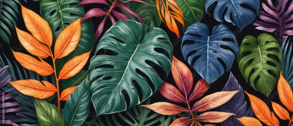 A vibrant pattern with colorful tropical leaves against a dark background. Perfect for nature-inspired designs, backgrounds, and wallpapers. A vibrant pattern with colorful tropical leaves against a dark background. Perfect for nature-inspired designs, backgrounds, and wallpapers.