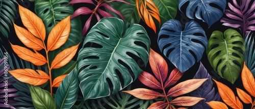 Wallpaper Mural A vibrant pattern with colorful tropical leaves against a dark background. Perfect for nature-inspired designs, backgrounds, and wallpapers. Torontodigital.ca