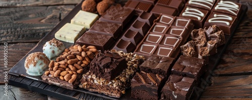 A chocolate lover's dessert tray featuring various chocolate bars, candies, and treats © Thi