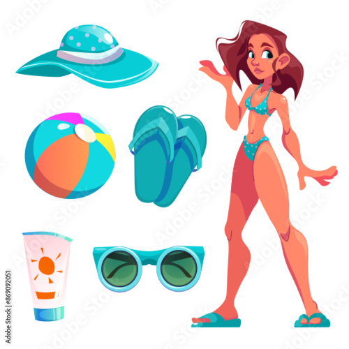 Young woman in glamour turquoise bikini swimsuit with summer sea beach vacation accessories - cartoon vector flip flop slippers shoes and hat, sunglasses and sunscreen cream in tube, inflatable ball.
