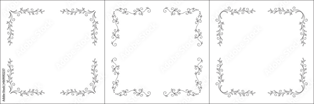 Set of three vegetal vector frames with forest flowers and leaves. Black and white. Vector frame for all sizes and formats. Isolated vector illustration.
Set of three vegetal vector frames with forest flowers and leaves. Black and white. Vector frame for all sizes and formats. Isolated vector illustration.