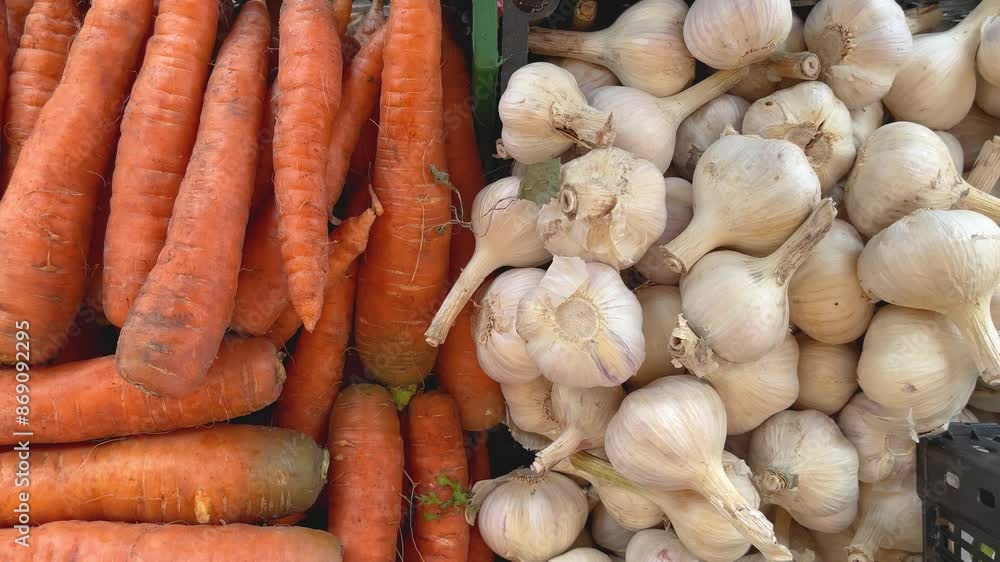 Brightly coloured carrots and garlic in box. Food and fruit. Harvest and the market. Healthy eating. Brightly coloured carrots and garlic in box. Food and fruit. Harvest and the market. Healthy eating.