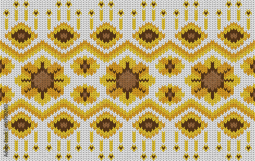 Knitted pattern seamless fabric sunflower on white. traditional knitted pattern vector ethnic style. Designed for background ,wallpaper ,carpet ,clothing ,knitted pattern ,fabric ,pixel art ,textile