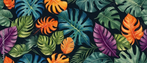 A vibrant pattern with colorful tropical leaves against a dark background. Perfect for nature-inspired designs, backgrounds, and wallpapers.