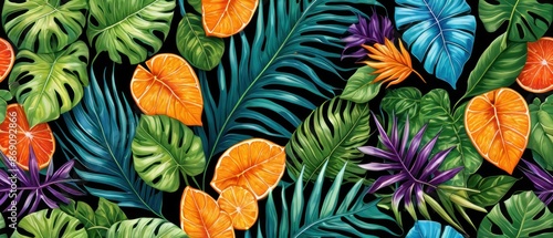 Wallpaper Mural A vibrant pattern with colorful tropical leaves against a dark background. Perfect for nature-inspired designs, backgrounds, and wallpapers. Torontodigital.ca