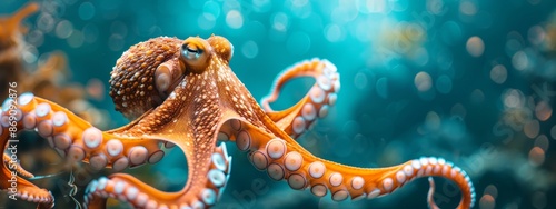  A tight shot of an octopus - orange and white hued - turning its head to the side, eyes fully engrossed photo