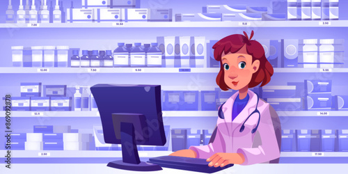Female pharmacist at drugstore counter with computer and shelves full of medicine boxes and tubes. Cartoon vector illustration of woman pharmacy worker or apothecary doctor in white uniform.