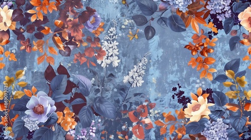 A textured background with seamless floral patterns in lilac, blue, and orange, blending nostalgic and trendy vibes.