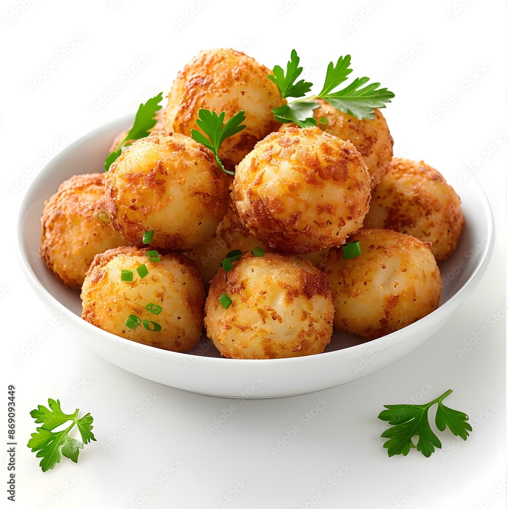 Golden Potato Balls in White Bowl Golden Potato Balls in White Bowl