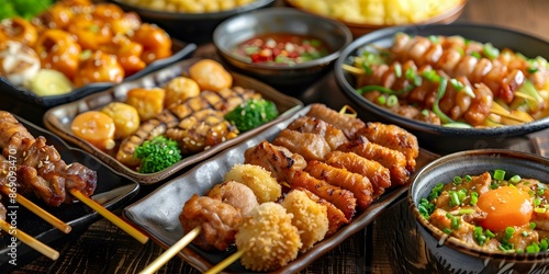 A variety of Japanese street food is presented on a table.