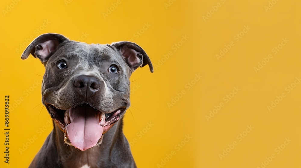 Studio headshot portrait of gray blue smiling pit bull type dog with tongue sticking out against a yellow background : Generative AI Studio headshot portrait of gray blue smiling pit bull type dog with tongue sticking out against a yellow background : Generative AI