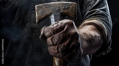 Captivating Image of a Strong Hand Gripping a Weathered Ax - A Symbol of Determination and Resilience © Augusta