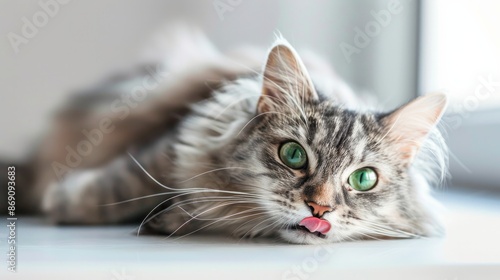 Funny large longhair gray kitten with beautiful big green eyes lying on white table. Lovely fluffy cat licking lips. Free space for text. © Farda Karimov