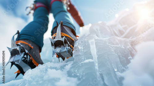 Close-up of a climber's boots with crampons on an icy surface during a sunny winter day, showcasing adventure and extreme sport.