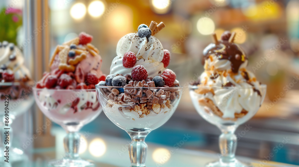 Delicious ice cream sundaes topped with fresh fruits and chocolate sauce, displayed in glass bowls in a dessert shop. Delicious ice cream sundaes topped with fresh fruits and chocolate sauce, displayed in glass bowls in a dessert shop.