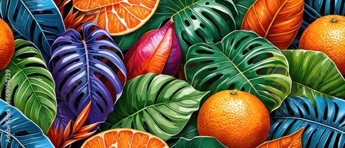 A vibrant pattern with colorful tropical leaves against a dark background. Perfect for nature-inspired designs, backgrounds, and wallpapers.