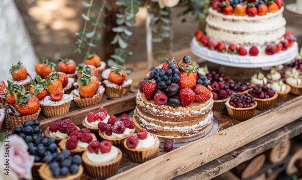 A delightful dessert tray showcasing rustic cakes and treats, perfect for a bohemian wedding celebration A delightful dessert tray showcasing rustic cakes and treats, perfect for a bohemian wedding celebration