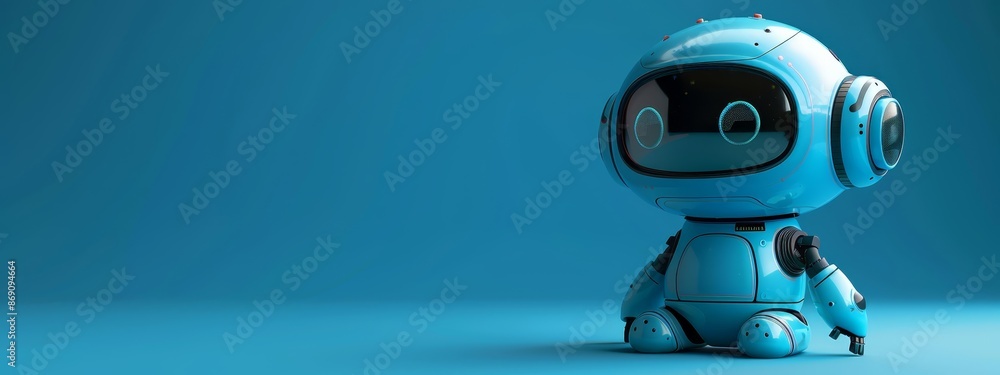 A blue robot sits in a mid-sized, blue room Its head is tilted to one side, and its synthetic eyes are closed A blue robot sits in a mid-sized, blue room Its head is tilted to one side, and its synthetic eyes are closed
