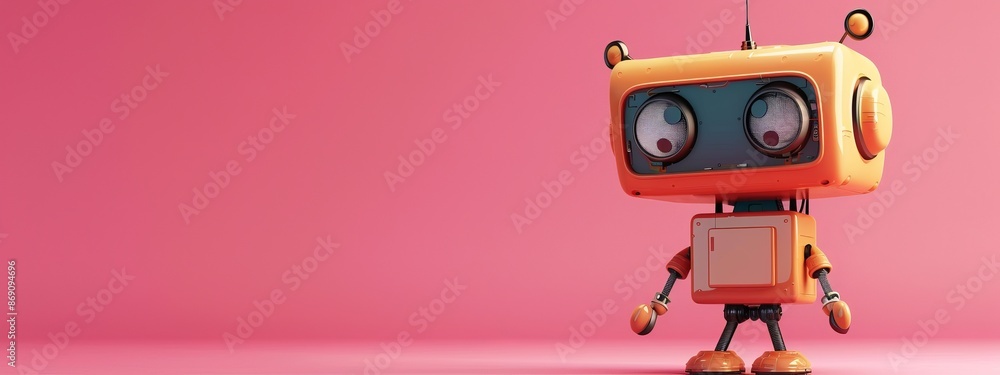 A large-eyed orange robot stands before a pink backdrop, its head adorned with a light bulb A large-eyed orange robot stands before a pink backdrop, its head adorned with a light bulb
