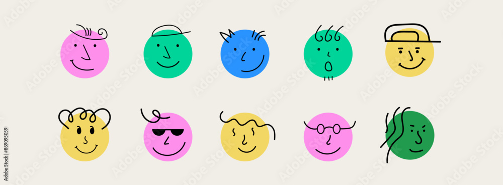Round abstract comic Faces with various Emotions. Doodle drawing style. Different colorful characters. Cartoon style. Flat design. Hand drawn trendy Vector illustration. Round abstract comic Faces with various Emotions. Doodle drawing style. Different colorful characters. Cartoon style. Flat design. Hand drawn trendy Vector illustration.