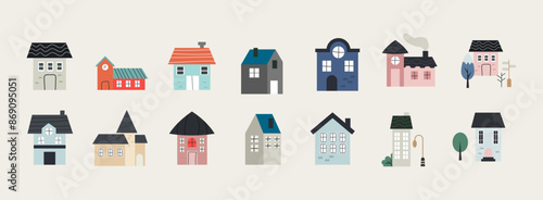 Various small tiny houses, trees and mountains. Paper cut style. Flat design. Hand drawn trendy illustration. Big colored vector set. 