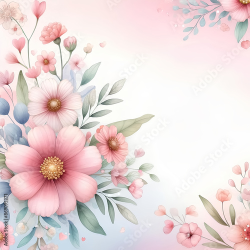 Pink background card with pink flowers and hearts