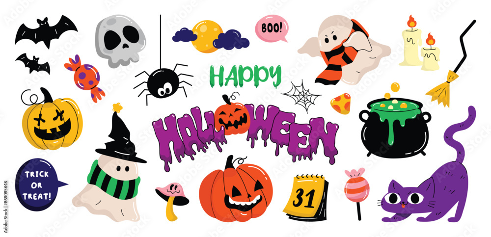 Happy Halloween day element background vector. Cute collection of spooky ghost, pumpkin, bat, candy, skull, spider, cat, worm. Adorable halloween festival elements for decoration, prints, sticker. Happy Halloween day element background vector. Cute collection of spooky ghost, pumpkin, bat, candy, skull, spider, cat, worm. Adorable halloween festival elements for decoration, prints, sticker.