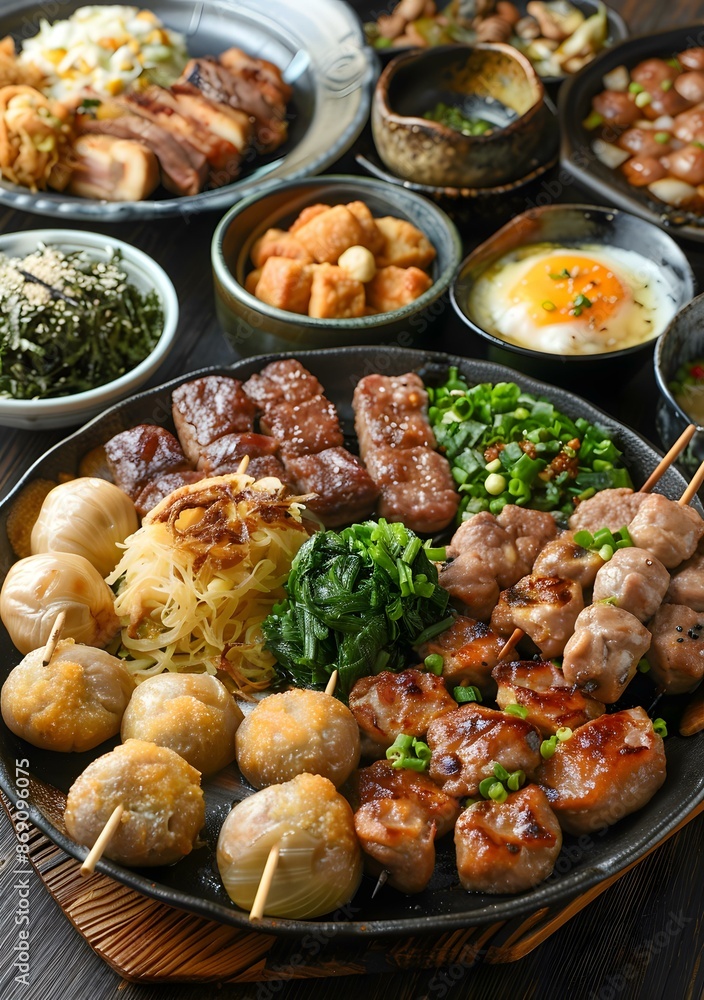 A variety of grilled meats and vegetables on a plate A variety of grilled meats and vegetables on a plate