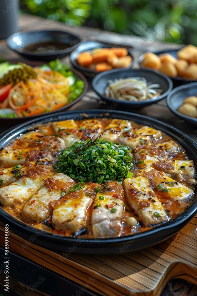 Sliced pork with garlic sauce in a hot pot Sliced pork with garlic sauce in a hot pot