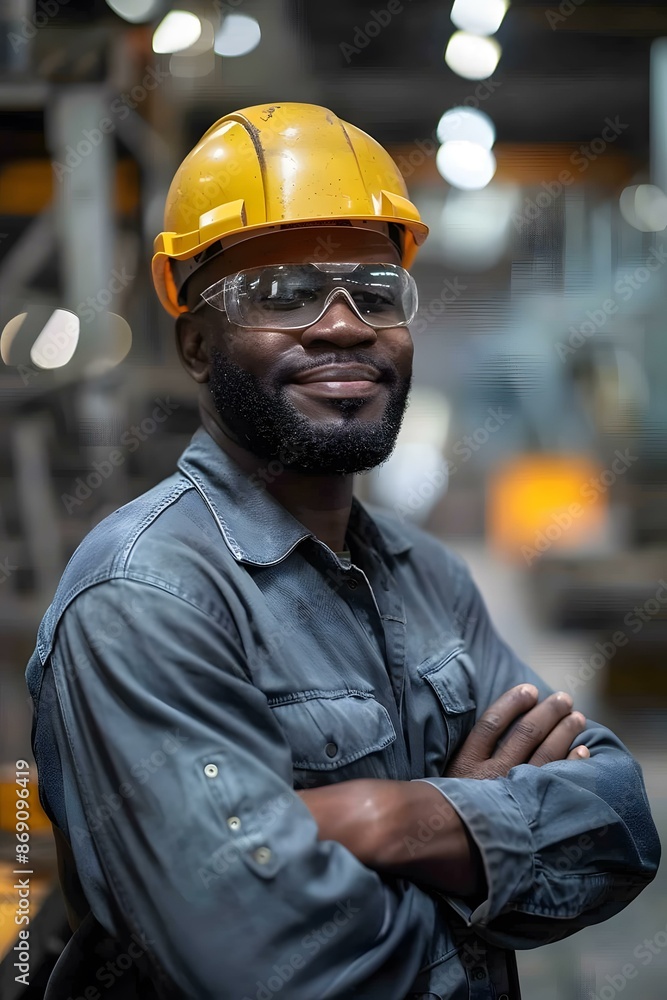 Portrait of a smiling African American man wearing a hard hat and safety glasses in a factory. Portrait of a smiling African American man wearing a hard hat and safety glasses in a factory.