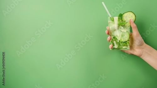 Female hand holding glass with refreshing sweet and sour cocktail with lien and cucumber taste against green background Concept of alcohol and nonalcohol drink party holidays Copy spac : Generative AI photo