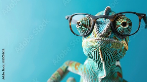 Funny Chameleon Looking Forward on the blue background while wearing glasses AI generated photo
