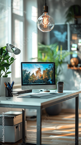 modern home office work table with pc interior
