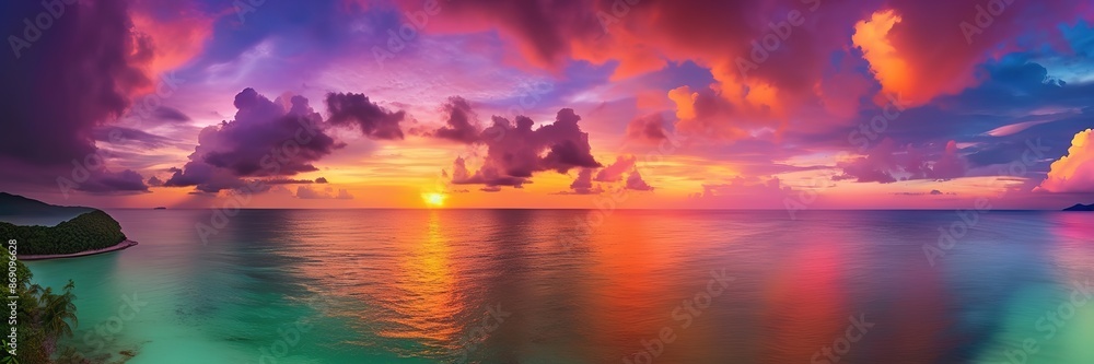 Naklejka premium Tropical colorful dramatic cloudy sky with sunset Evening, Wide background