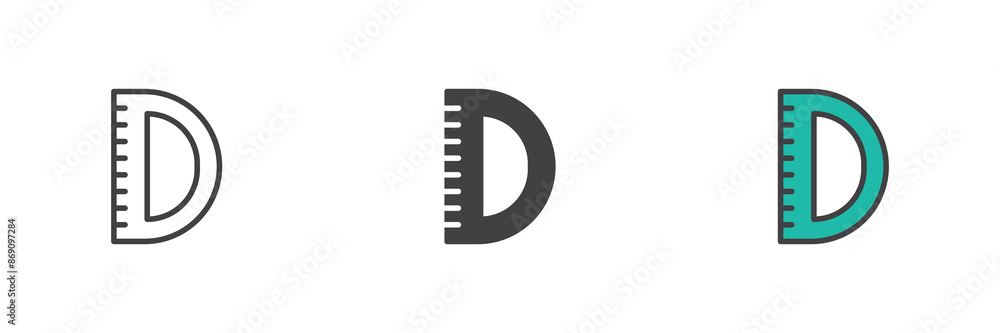Protractor ruler different style icon set Protractor ruler different style icon set