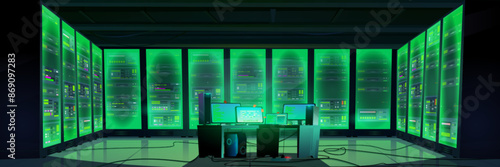 Data center interior with green glow supercomputer and control panel in center. Cartoon vector illustration of server room for ai generator and database network system service. Datacenter technology.
