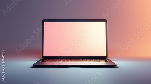 Mockup of a blank laptop screen with a minimalistic pink and blue gradient background. Modern and futuristic design with copy space.