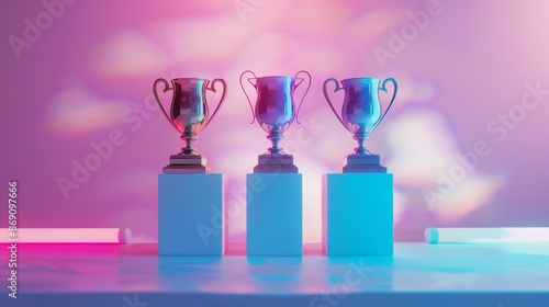 Three trophies on podiums under bright spotlights