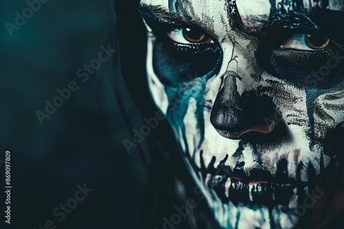 Halloween horror with evil face. Portrait dark and scary fear. Death devil with dead nightmare. Monster in black zombie demon. Creepy hell person with mystery. Costume fantasy man photo