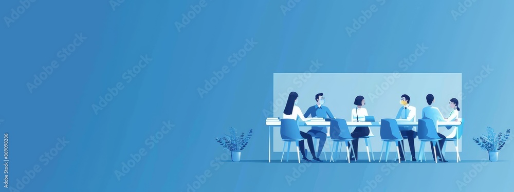 A group of people facing opposite directions at a table against a blue backdrop A group of people facing opposite directions at a table against a blue backdrop