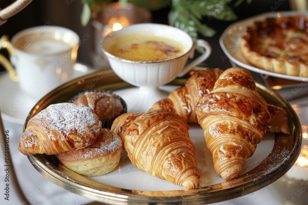 A classic French dessert tray with croissants and madeleines A classic French dessert tray with croissants and madeleines