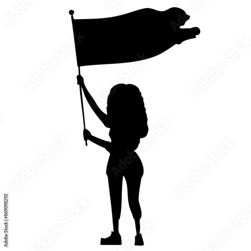 Woman waving a flag silhouette. A girl holding up a flag.