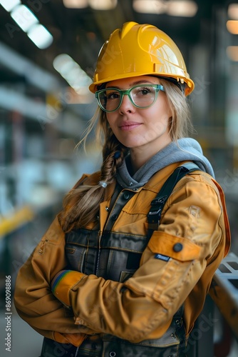portrait of a female industrial worker wearing a hard hat and safety glasses