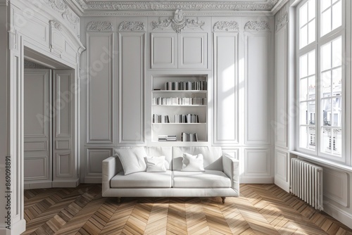 Modern Living Room Interior Design with Parisian Minimalist Style - Sofa, Bookcase, French Windows, White Classic Paneling Walls, Parquet Floor