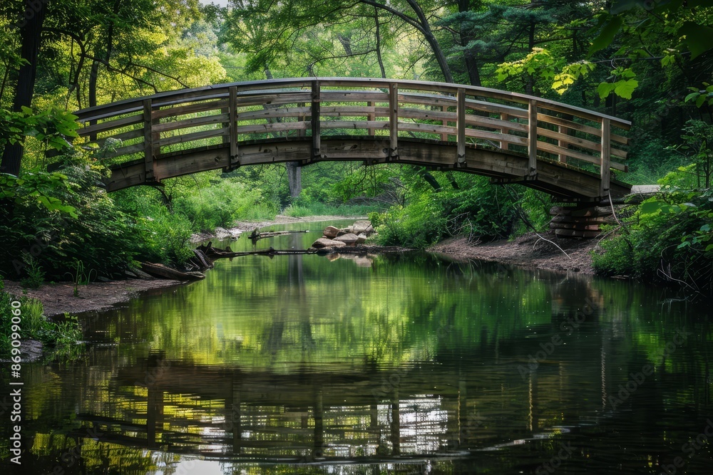 A wooden bridge spans over a calm stream through green landscape under clear sky, A wooden bridge crossing over a tranquil stream A wooden bridge spans over a calm stream through green landscape under clear sky, A wooden bridge crossing over a tranquil stream
