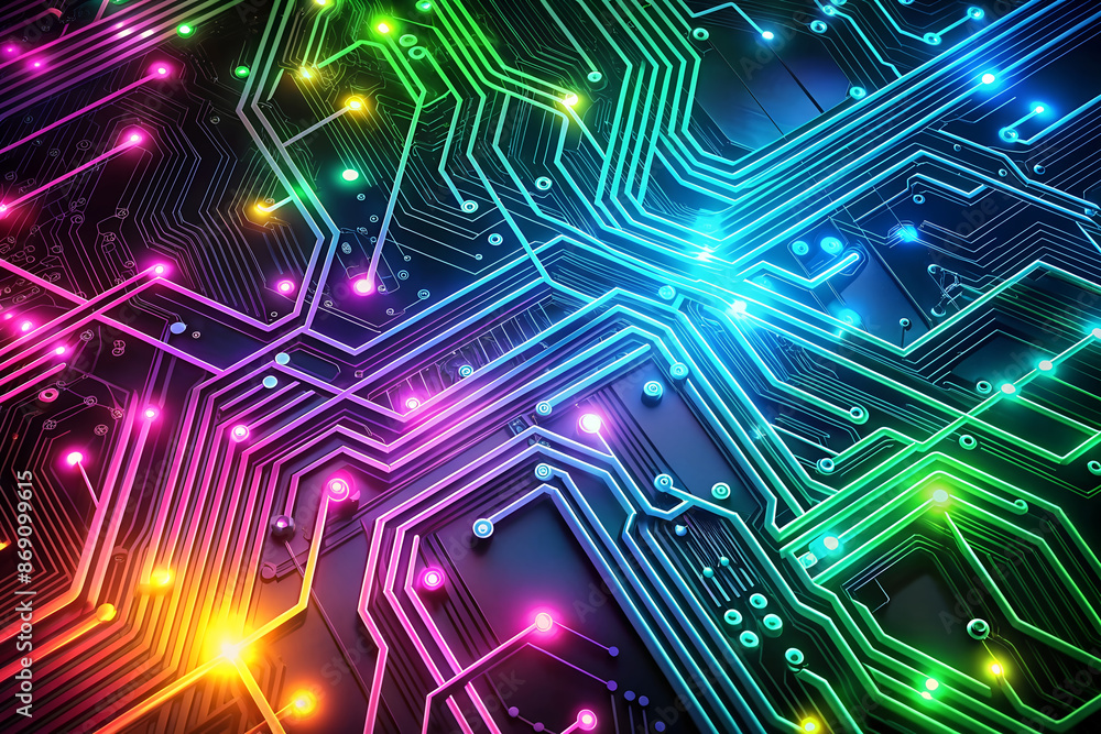 Futuristic neon line network background. High-tech circuit board in bright colors. Futuristic neon line network background. High-tech circuit board in bright colors.