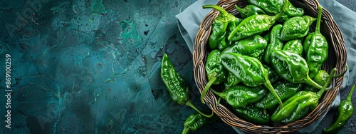  A table displays a blue-green cloth Atop it rests one basket filled with green peppers, accompanied by another nearby bearing the same photo